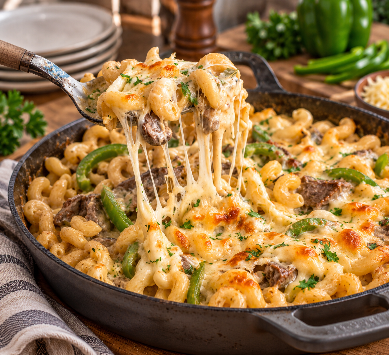 Philly Cheese Steak Pasta Bake