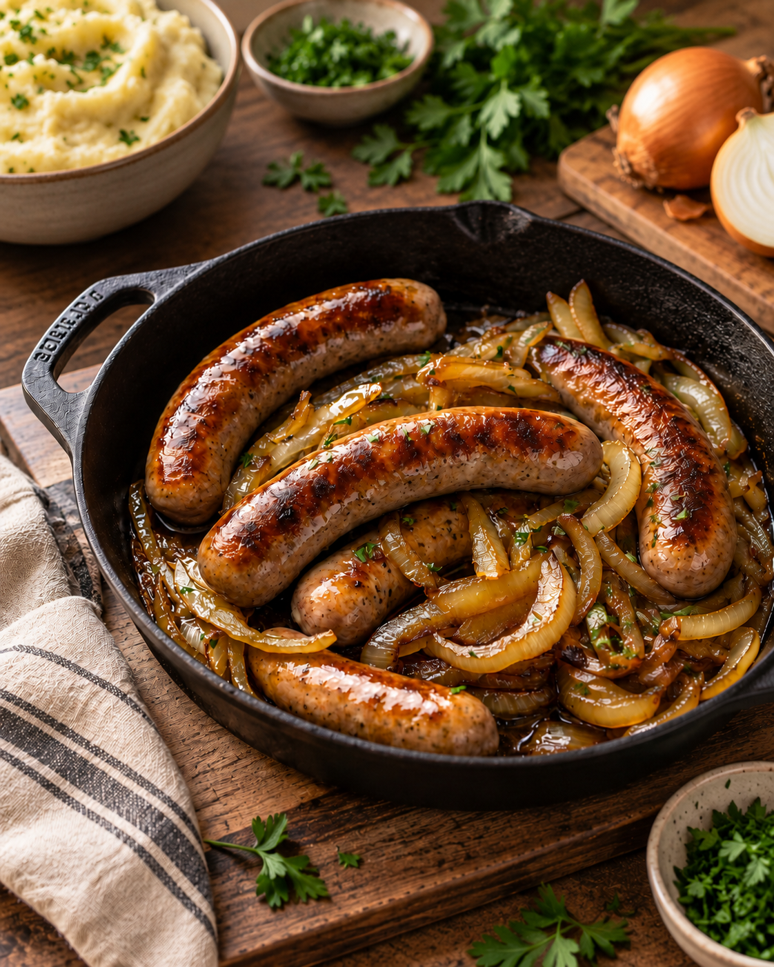 Beer Braised Bratwurst & Onions