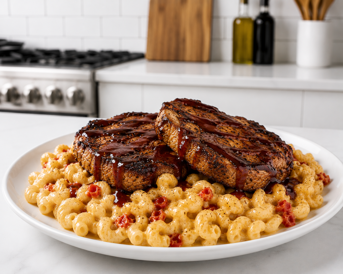 BBQ Grilled Pork ‘Ribeye’ with Pimento Mac & Cheese & House Made BBQ Sauce