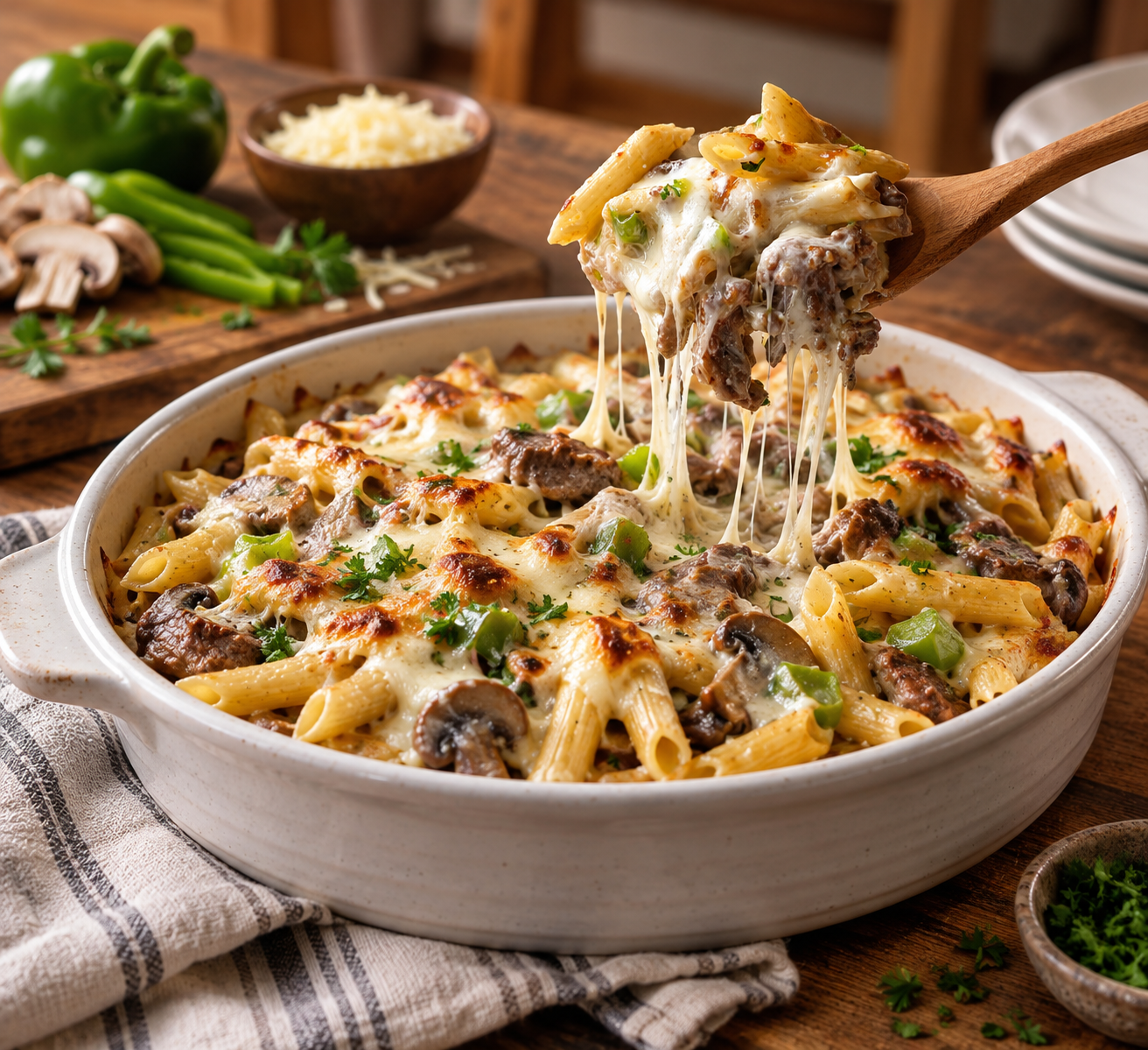Philly Cheese Steak Pasta Bake